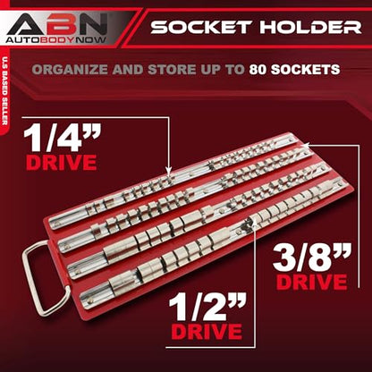 ABN Large SAE Standard Socket Holder Tray Rack Rails – 1/4, 3/8, 1/2 Inch Drive 80-Piece Clips for Tool Organization