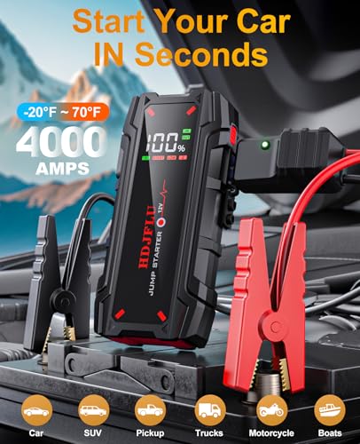 4000A Portable Car Jump Starter, Battery Jump Starter for 8L Gas & 6L Diesel Engines, 10 Safety Protections, 12V Jump Box with Jumper Cable, LED Light, 2.0" LCD Display for Trucks SUV RVs Boats - color: red