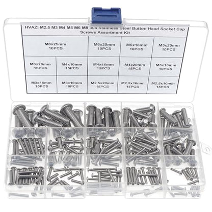Metric M2.5-M8 304 Stainless Steel Button Head Socket Cap Screw Kit | 185PCS M2.5 M3 M4 M5 M6 M8 Hex Drive Rounded Head Bolts, ISO7380 Fully Threaded Fastener Set with Plastic Storage Box