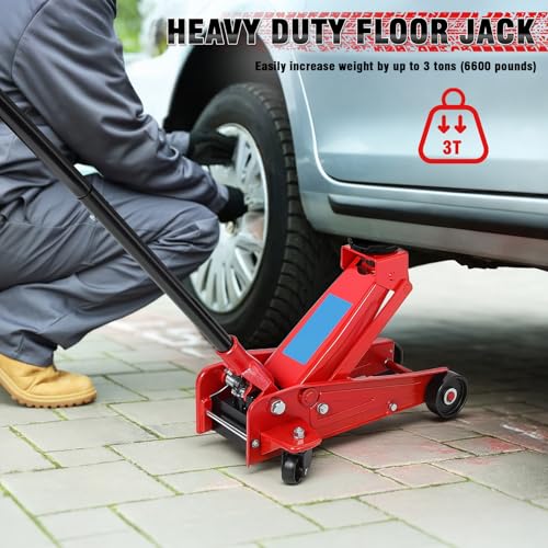 3 Ton Floor Jack (6600 lbs) - Heavy Duty Steel Low Profile Hydraulic Car Jack for Home Garage Use, Fast Lift Service Jack with Wheels, Lifting Range (Red - Large) - color: Red - Large