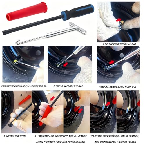 Valve Stem Removal Tool with Heavy Duty Hook & Longer Puller,Tire Valve Stem & Core Replacement Installation Tool Kit,without Tire Removal,Tire Pressure Checking, for Cars Motorcycles Lawn Mowers ATVs