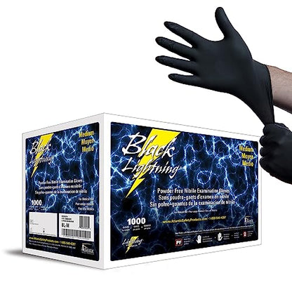 Atlantic Safety Products Black Lightning Exam Gloves, Disposable, Powder-Free Nitrile Gloves (1000, Medium) - size: Medium, style: 1000