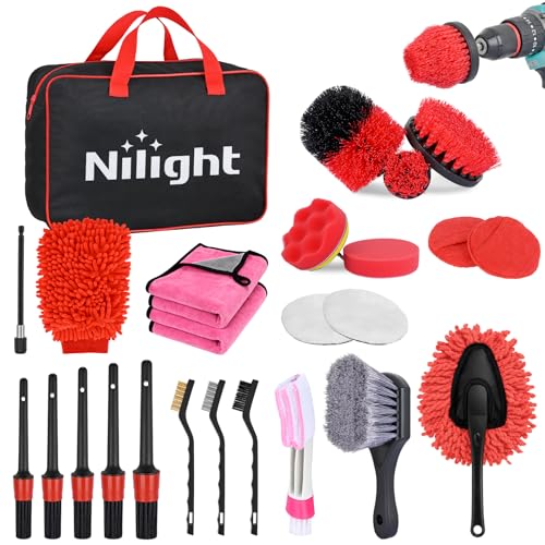 Nilight 27PCS Car Detailing Kit Auto Cleaning Tools Wash Set with Storage Carry Bag Home Use for Interior Exterior Deep Clean Polish Car Care Windshield Dashboard Seat Air Vents Wheels Tires, Red - color: 27PCS Set, Red