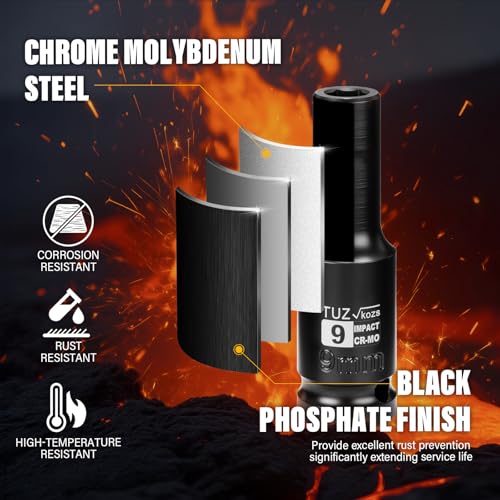1/2 Inch Drive 9mm Deep Metric 6 Point CR-MO Impact Socket | Radius Corner Design,Square Chamfered Opening,Axle Nut Impact Grade Socket for Easy Removal - size: 1/2” Drive 9mm Deep, style: 1/2" Drive Deep Socket