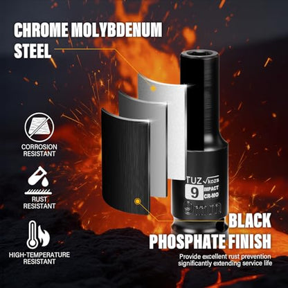 1/2 Inch Drive 9mm Deep Metric 6 Point CR-MO Impact Socket | Radius Corner Design,Square Chamfered Opening,Axle Nut Impact Grade Socket for Easy Removal - size: 1/2” Drive 9mm Deep, style: 1/2" Drive Deep Socket