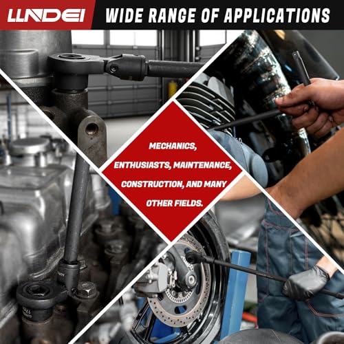 LLNDEI 3/8" Drive Stubby Impact Socket Set Metric 6-19mm, 19-Piece Cr-Mo Nano Socket Set with 2 Extension Bars (6" & 15"), Universal Joint & Ratchet Wrench for Tight Space Access