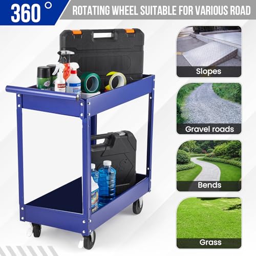 2 Tier Rolling Tool Cart,330 LBS Metal Heavy Duty Utility Cart On Wheels,2 Shelf Steel Utility Cart, Tool Storage Organizer for Mechanic, Garage, Workshop, Warehouse & Repair Shop