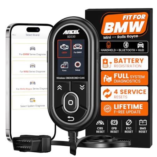 ANCEL BD330 BMW OBD2 Scanner for BMW, MINI, and Rolls-Royce Vehicles, ABS Full-System Diagnostic Scan Tool, Battery Registration/BAT Check, EPB/Oil/Throttle Reset, 3-in-1 Bluetooth/Wired/HUD- Black