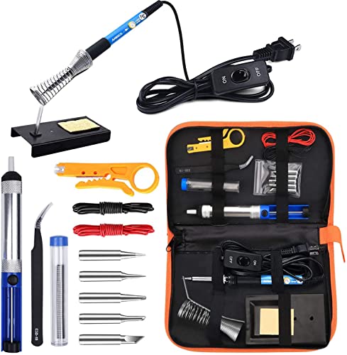 Soldering Iron Kit Electronics, 60W Adjustable Temperature Welding Tool, 5pcs Soldering Tips, Desoldering Pump, Soldering Iron Stand, Tweezers - color: Orange