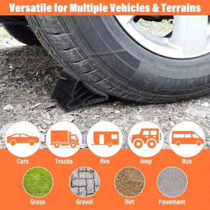 4 Pack Wheel Chocks for RV Trailers & Camper, Heavy Duty Non-Slip Tire Stoppers with Handle for Car, Truck, Travel Trailer - Black