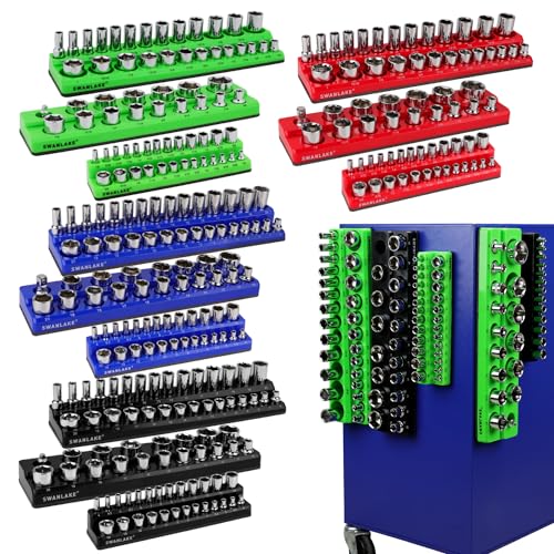 SWANLAKE Magnetic Socket Organizer Set, 1/4", 3/8", 1/2" Sockets Holds 286 Pieces Magnetic Socket Trays (Blue&red&black&green, 12 Pcs) - style: 12PCS Multi-Color