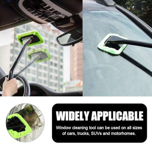 Car Windshield Cleaning Tool, Microfiber Auto Window Cleaner with 4 Cloth Pads & Long Handle, Reusable Window Cleaning Tool Kit for RV SUV Truck, Car Accessories (Green) - color: Green+Gray+Blue+Orange