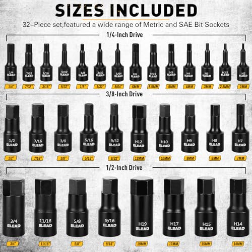 36-Piece One-Piece Hex Bit Socket Set includes Socket Adapter, 1/4", 3/8", 1/2", Cr-V Steel, SAE and Metric Set, Reinforced Storage Case, Automotive Mechanic Professional Master Tool Set