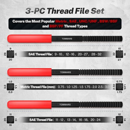 TOMMARS 3-Piece SAE and Metric Thread File Set for External Threads | Thread Restorer and Chaser Repair Tools for Cleaning and Restoring Damaged External Threads in Standard and Metric Sizes