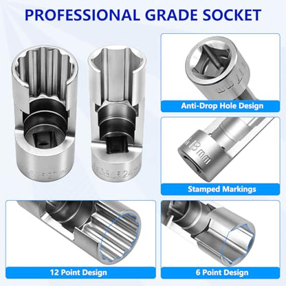 ZKTOOL 19PCS Diesel Injector Fuel Line Socket Set Metric 8-27mm Flare Nut Socket Set 3/8" 1/2" Drive 5-Point Avoid Wire Nut Sockets for Wired Temperature Sensor, Thermo Switch, With Box and Gloves