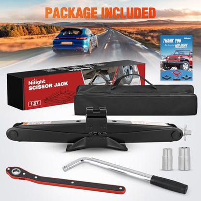 Nilight Scissor Jack Kit for Car 1.5 Ton(3307 lbs), Heavy Duty Portable Steel Scissor Lift Jack Car Tire Changing Kit with Ratchet & Lug Wrench for Sedan SUV MPV, 3.9''-13.6'' Lifting Range, Black - size: 1.5T with Ratchet & Lug Wrench Kit, Black