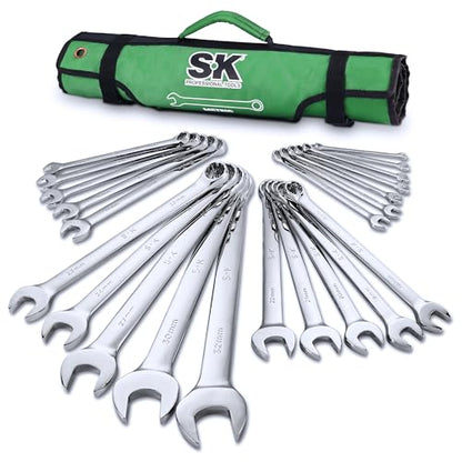 SK Combination Wrench Set, Metric 6 to 32mm, 22-Piece, SuperKrome Finish, Premium CR-V Construction, with Rolling Pouch - size: Metric 6 to 32mm