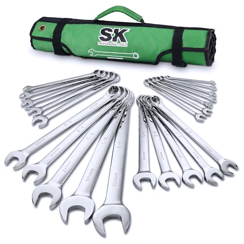 SK Combination Wrench Set, Metric 6 to 32mm, 22-Piece, Premium CR-V Steel | SuperKrome Finish, Drop Forged, 12-Point Wrenches, 15-Degree Offset, with Rolling Pouch - size: Metric 6 to 32mm