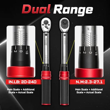 GEINXURN 1/4 In. Drive Click Torque Wrench Set, 20-240 IN.LB Dual-Direction Bike Maintenance Kit，66Pcs with Universal Socket, Screwdriver Bits for Bicycle, Car, Moto - style: GX-TW0104RS66-US