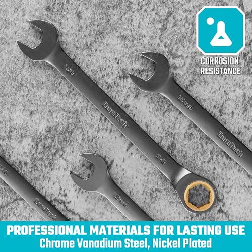 DURATECH Anti-Slip Ratcheting Wrench Set, Combination Wrench Set, 10-Piece, Metric 6-18mm, 72-Tooth, Nickel Plating, CR-V Steel, with Pouch - size: 6.0-18.0mm, style: Anti-slip