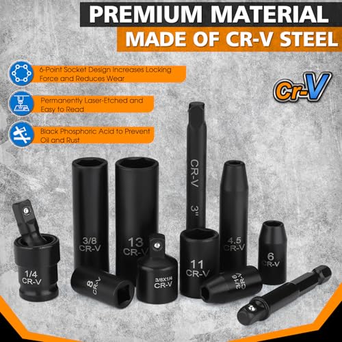 1/4" Drive Impact 56-Piece Socket Set, Standard SAE (5/32 to 9/16 inch) & Metric (4-15mm), 6 Points, CR-V, 1/4-Inch Drive Ratchet Handle, Drive Extension Bar & Impact Universal Joint with Case - style: 1/4" 56-Piece Impact Socket Set