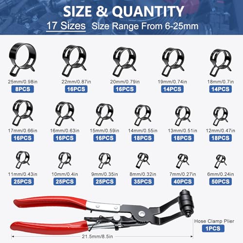 Tnisesm 370PCS 6-25mm Spring Band Hose Clamps Assortment kit with Hose Clamp Plier, Constant Tension Hose Clamps for Fuel Lines, Silicone Vacuum Hoses, Water Pipe, Low-Pressure Air Clips - size: 370Pcs-17 Sizes