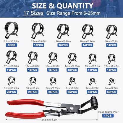 Tnisesm 370PCS 6-25mm Spring Band Hose Clamps Assortment kit with Hose Clamp Plier, Constant Tension Hose Clamps for Fuel Lines, Silicone Vacuum Hoses, Water Pipe, Low-Pressure Air Clips - size: 370Pcs-17 Sizes