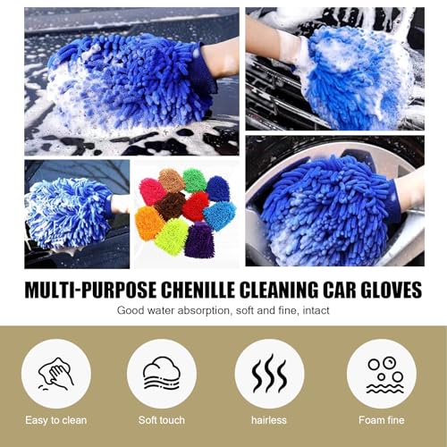2 PCS Car Microfiber Wash Mitt, 5.51In X 9.05In Chenille, for Car Washing, Elastic Cuff Multi-Purpose Wash Mitt Cleaning Kit (Black)