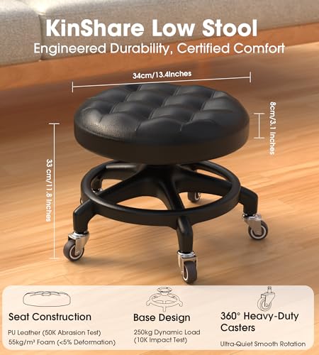 Upgraded Low-Profile Rolling Stool with 360° Smooth Rubber Wheels – Heavy-Duty 450lbs, Puffed PU Seat & Anti-Tip Base | Ideal for Home, Office, Salon, Workshop, Mechanic, Garage, Black - style: Puffed Black Seat Black Frame