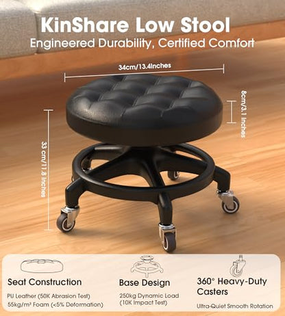 Upgraded Low-Profile Rolling Stool with 360° Smooth Rubber Wheels – Heavy-Duty 450lbs, Puffed PU Seat & Anti-Tip Base | Ideal for Home, Office, Salon, Workshop, Mechanic, Garage, Black - style: Puffed Black Seat Black Frame