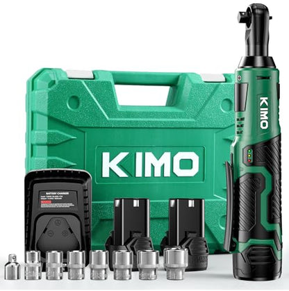 KIMO Cordless Electric Ratchet Wrench Set, 40Ft-lbs, 400RPM, 12V Cordless Ratchet Wrench 3/8" w/7Sockets, 1/4" Adapter, Infinitely Variable Speeds, Forward/Reverse Switch, 2x2.0 Battery & Fast Charger