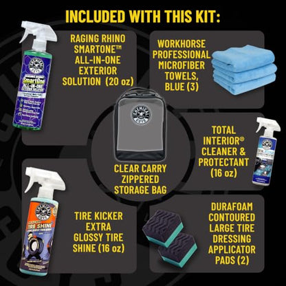 Chemical Guys, Raging Rhino Exterior, Interior & Tire Shine Kit | All-in-one exterior spray, interior cleaner, tire shine, microfiber towels and applicators in a storage bag, giftable set - size: 17.33 Fl Oz (Pack of 3), style: Quick Detailing Kit With Ba