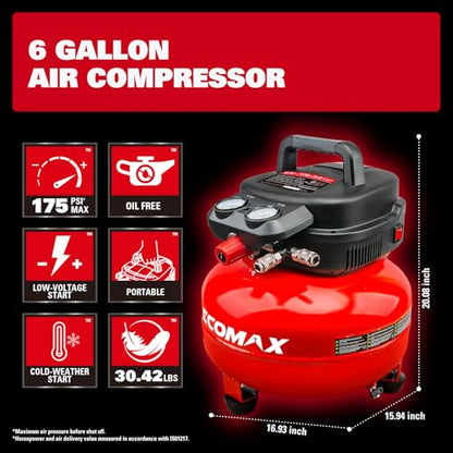 ECOMAX 6 Gal Pancake Air Compressor 175PSI, 3 CFM @ 90 PSI w/25 FT Air Hose | Oil-Free Pump, Dual Quick Couplers, 1.5HP Compressor for Air Tools, Car Tires, Garage & Shop - style: Air Hose