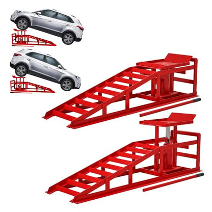 2 Pack Hydraulic Car Ramps 5T 11000lbs Low Profile Car Lift Service Ramps Truck Trailer Garage,Height Hydraulic Vehicle Ramps (Gray) (45.14in x 12.60in x 16.21in Red + 5T Car Ramps)