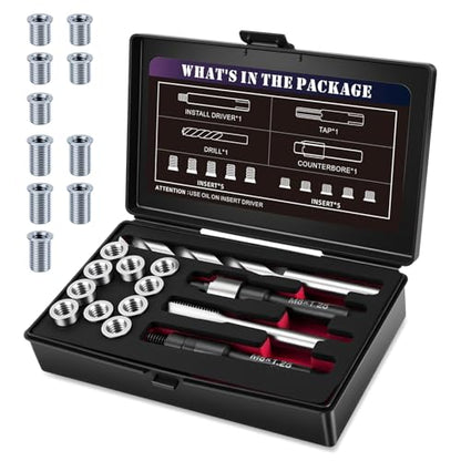 M8X1.25 Metric Thread Repair Kit with Insert HSS Drill, Tap, Installation Driver, Counterbore, Two Sizes Stainless Steel Insert 5PCS 11.7MM and 5PCS 16.2MM