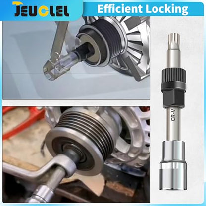 1/2"Dr M10 Alternator Wrench, 33 Teeth Alternator Pulley Socket Drill Bit, 10mm x 12mm Tip Alternator Decoupler Pulley Tool Socket for Precision Installation and Removal of Automotive Pulleys