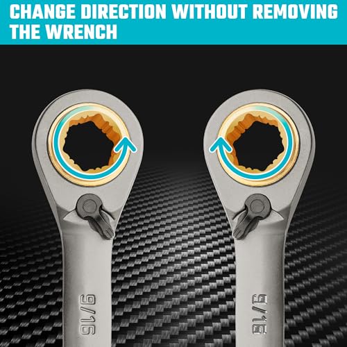 DURATECH 4-in-1 Anti-Slip Reversible Ratcheting Box Wrench Set, SAE | Double Box End, 2-Piece, 5/16", 3/8", 7/16", 1/2" & 9/16", 5/8", 11/16", 3/4", CR-V Steel, Nickel Plated, Rolling Pouch - style: Anti-slip & SAE