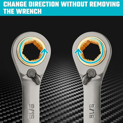 DURATECH 4-in-1 Anti-Slip Reversible Ratcheting Box Wrench Set, SAE | Double Box End, 2-Piece, 5/16", 3/8", 7/16", 1/2" & 9/16", 5/8", 11/16", 3/4", CR-V Steel, Nickel Plated, Rolling Pouch - style: Anti-slip & SAE