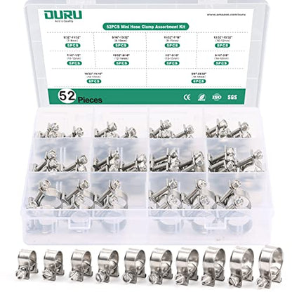 OURU 52PCS Fuel Line Clamp Assortment Kit 304 Stainless Steel,10 Sizes Adjustable 9/32"-23/32" Dia (7-18mm) Mini Fuel Injection Gas Line Hose Clamps,Pipe Clamp for Automotive,Diesel Petrol Pipe - size: 52PCS 9/32"-23/32" (7-18mm)