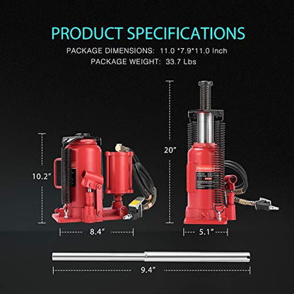 SPECSTAR Pneumatic Air Hydraulic Bottle Jack with Manual Hand Pump 20 Ton | Heavy Duty Auto Truck Travel Trailer Repair Lift Red - color: Red