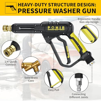 Pressure Washer Gun with Foam Cannon & 50ft Power Washer Hose 3600PSI Kit | POHIR 3/8'' Quick Connector & M22 15mm/14mm Fittings & 7 Nozzle Tips, Power Washing Hose and Gun Kit with 15" Extension Wand