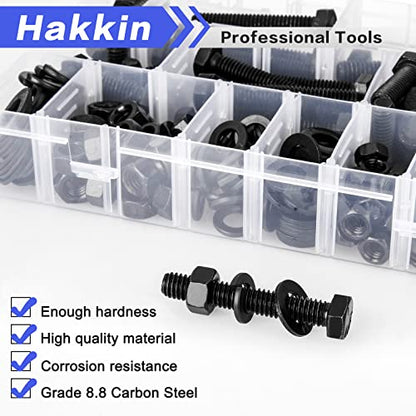 272PCS Hex Bolts and Nuts Kit, 1/4, 5/16, 3/8 Hex Bolts Screws Nuts Flat Lock Washers Assortment Kit, Carbon Steel Machine Screws Set Grade 8.8 (Black) - size: 272PCS 1/4 5/16 3/8 Hex Bolts Black