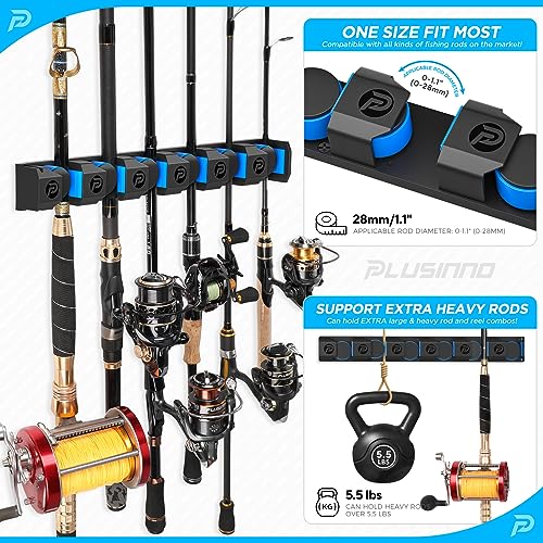 PLUSINNO Fishing Rod Holders - V6 Vertical Support for Extra Large & Heavy Fishing Rod Combos, Garage & Wall Mounted Rack Storage - style: Upgraded 1pack (Support Heavy rod combos)