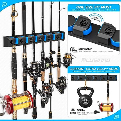 PLUSINNO Fishing Rod Holders - V6 Vertical Support for Extra Large & Heavy Fishing Rod Combos, Garage & Wall Mounted Rack Storage - style: Upgraded 1pack (Support Heavy rod combos)