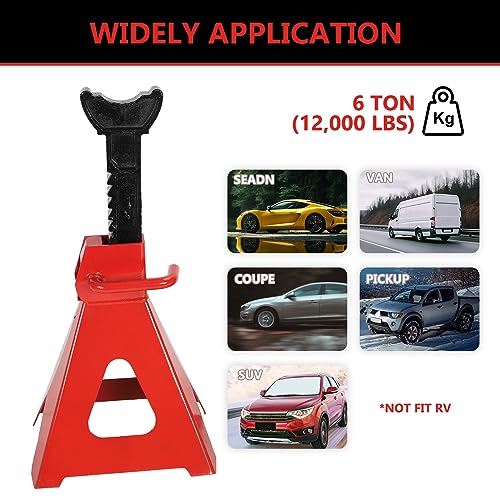 6 Ton (12,000 LBS) Automotive Jack Stands | Adjustable Height 14.6"- 24", Heavy Duty Steel Car Lifting Stand for Garages, Repair Shops, Red, 1 Pair