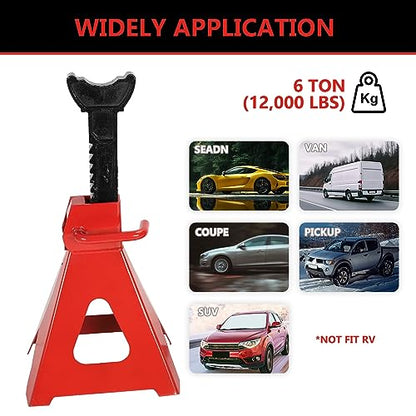 6 Ton (12,000 LBS) Automotive Jack Stands | Adjustable Height 14.6"- 24", Heavy Duty Steel Car Lifting Stand for Garages, Repair Shops, Red, 1 Pair