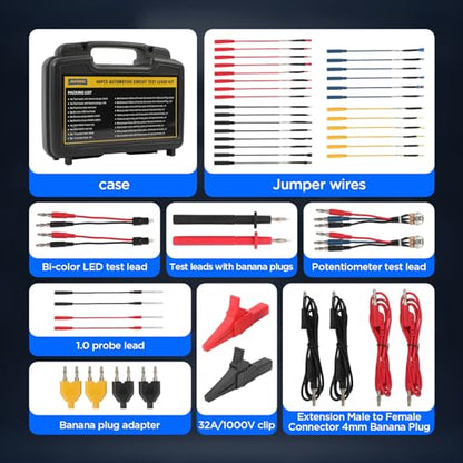 AUTOOL 48PCS Silicone Multimeter Test Leads Kit with Replaceable Wire Piercing Probes,Alligator Clips,32A/1000V Test Hook Clips,Banana Plug Connectors,Jumpers,Test Tweezer