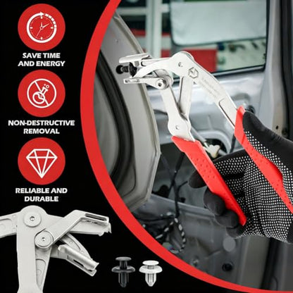 Automotive Trim Clip Removal Pliers, Spring-Loaded Car Fastener Remover, Panel Clip Removal Tool for Door Panels, Trim, Rivets & Interior Repair, Includes Gloves