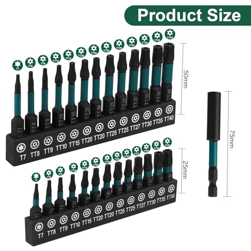 27pcs Impact Security Torx Set, S2 Steel Star Driver Kit (T7-T40), Dual Lengths 25mm & 50mm with Magnetic Bit Holder, Mixed Solid & Tamper-Proof CNC Tips for Automotive & DIY Repairs - size: 27 Pieces