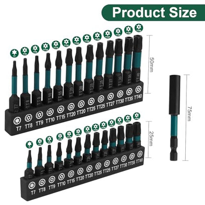 27pcs Impact Security Torx Set, S2 Steel Star Driver Kit (T7-T40), Dual Lengths 25mm & 50mm with Magnetic Bit Holder, Mixed Solid & Tamper-Proof CNC Tips for Automotive & DIY Repairs - size: 27 Pieces